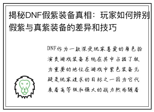 揭秘DNF假紫装备真相：玩家如何辨别假紫与真紫装备的差异和技巧